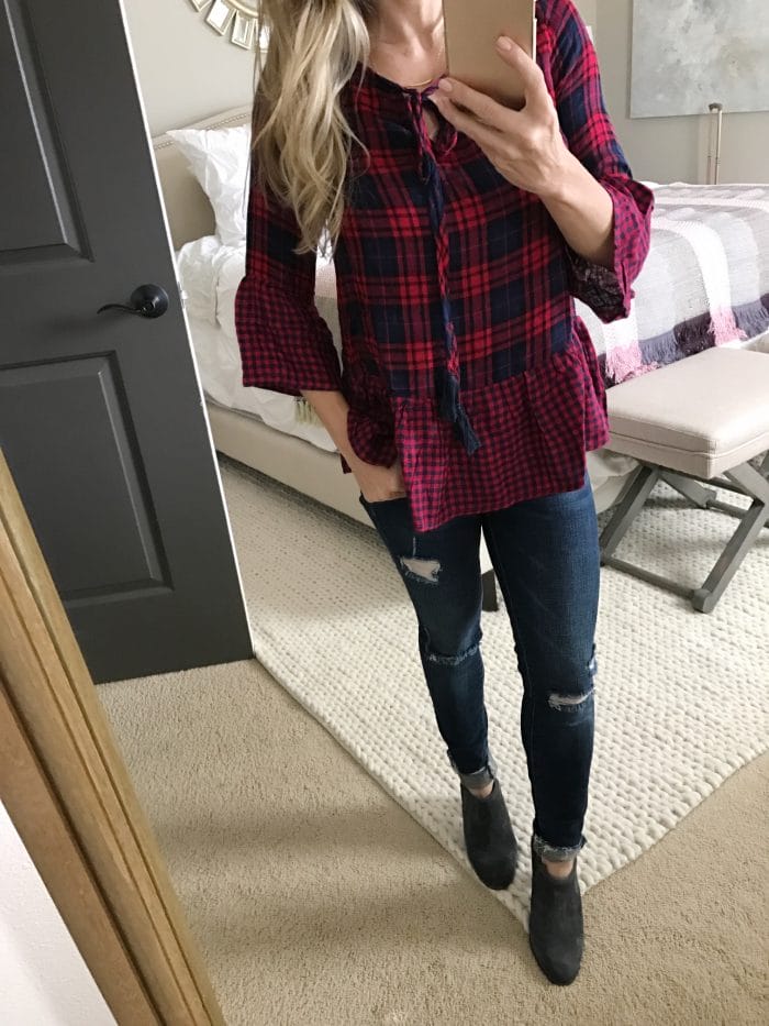 Fall Fashion - plaid peplum top and ripped skinny jeans with booties