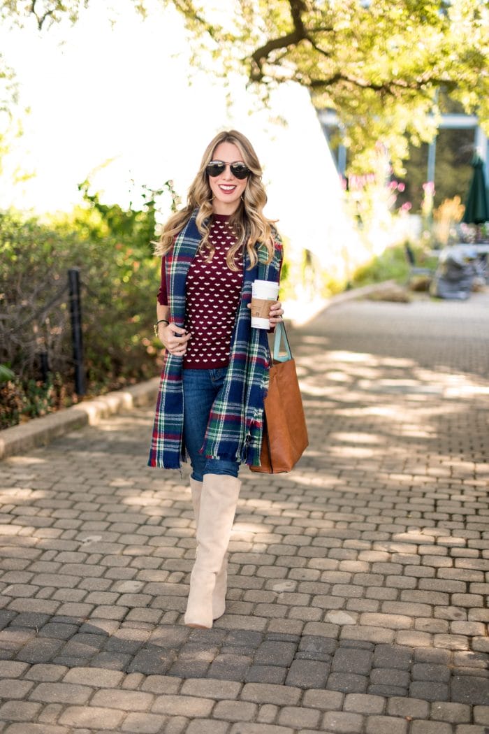 Fall Outfit Inspiration - burgundy sweater, jeans, boots and a plaid scarf #fallfashion