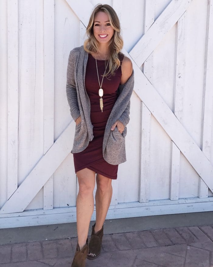Fall fashion - cozy barefoot dreams cardigan and magic rushed dress with booties