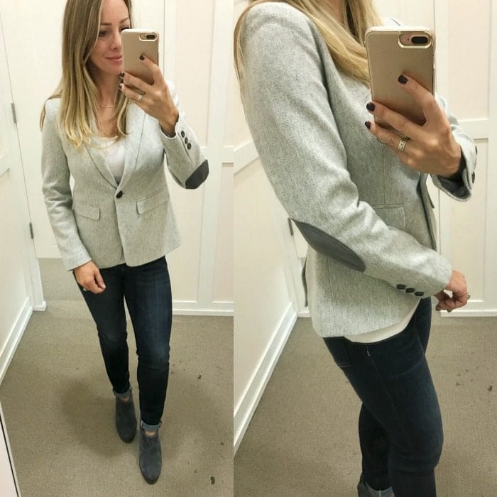 Fall fashion - dressing room try on, patch sleeve blazer