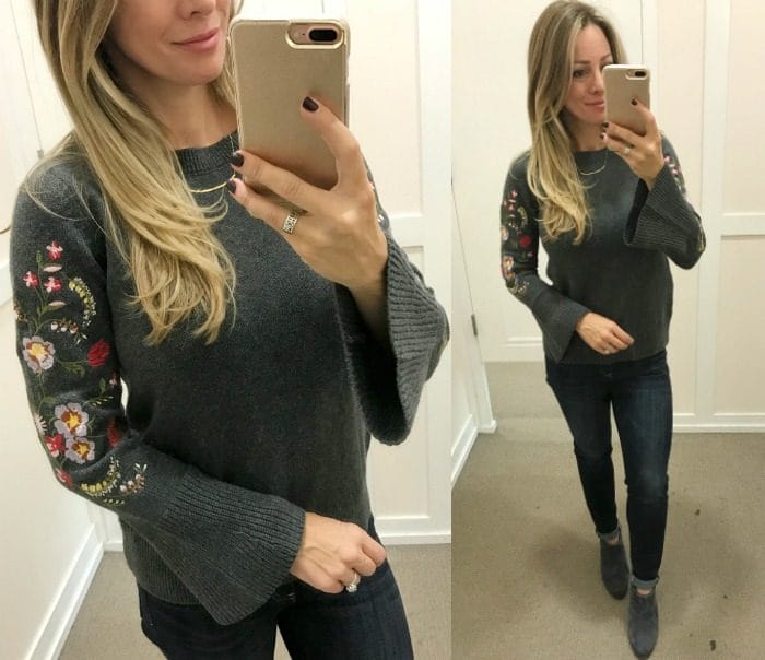Fall fashion - dressing room try on, embroidered sleeve flare sleeve sweater