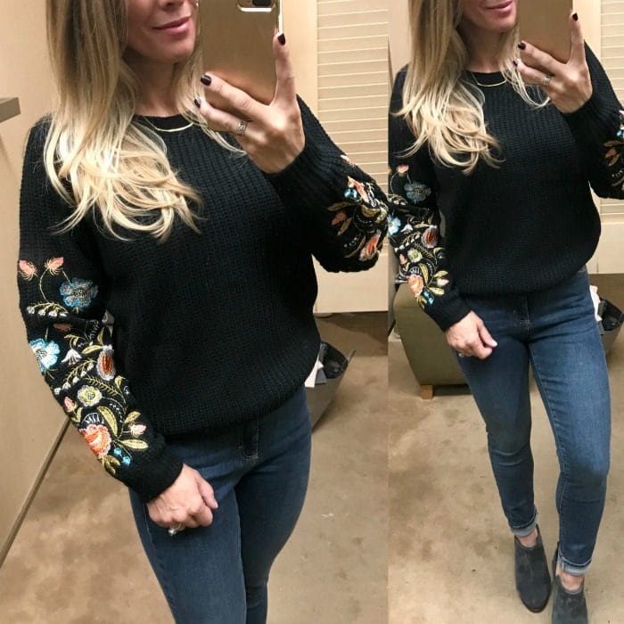 Fall fashion - dressing room try on embroidered sleeve sweater