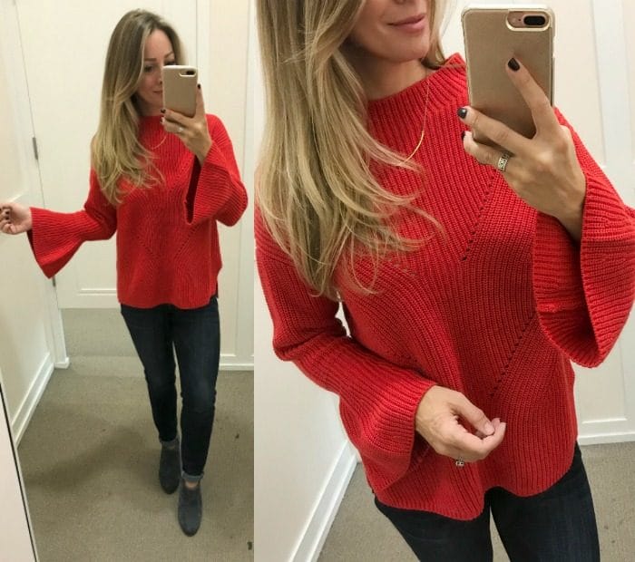 Fall fashion - dressing room try on, red flare sleeve sweater