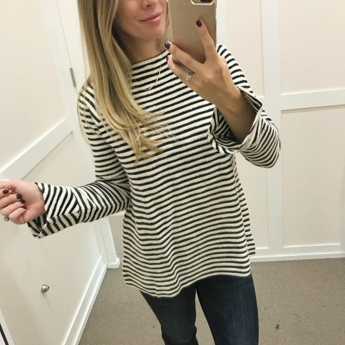 Fall fashion - dressing room try on, striped flare sleeve sweater