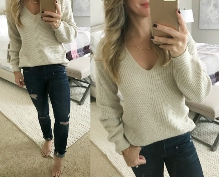 Fall fashion- dressing room try on, v-neck sweater and dark ripped jeans #Fallfashion