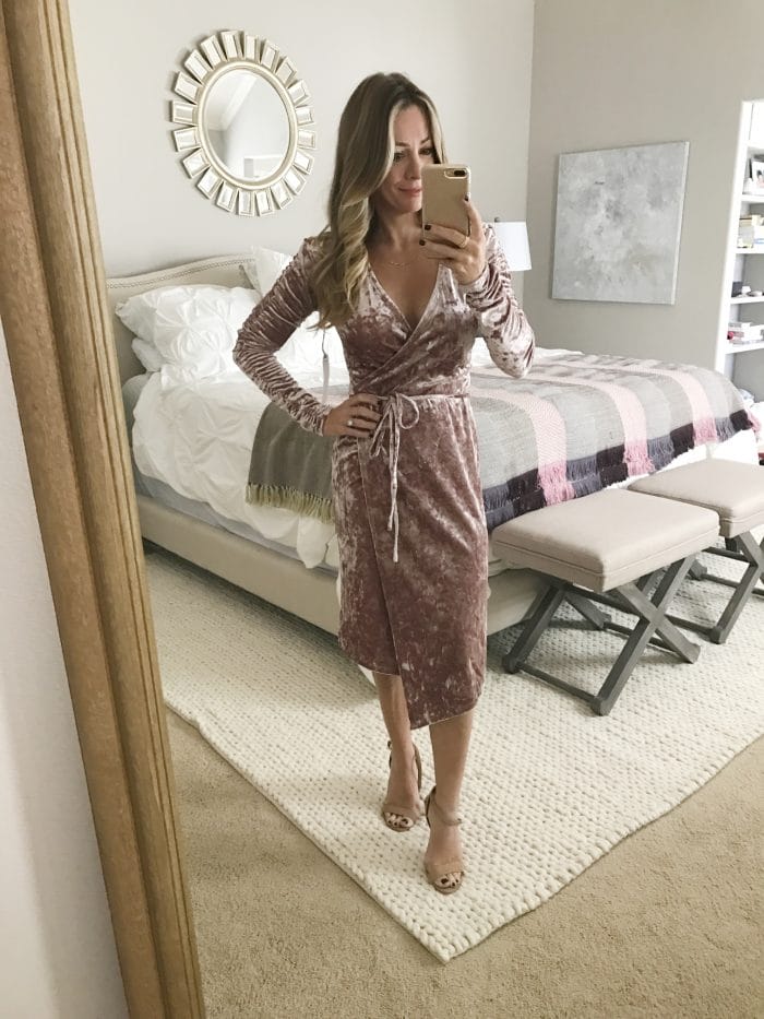 Fall fashion - dressing room try on, velour wrap dress