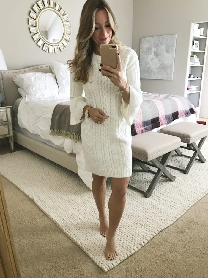 Fall fashion - dressing room try on, white cable knit sweater dress #fallfashion #sweaterdress