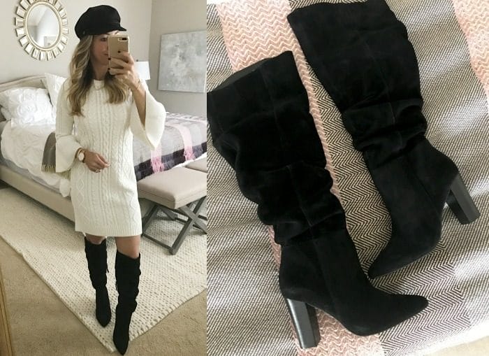 Fall fashion, dressing room try on, white sweater dress with black boots