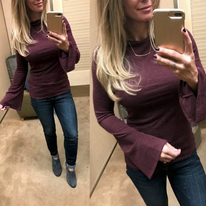 Fall fashion - flare sleeve top with skinny jeans and booties