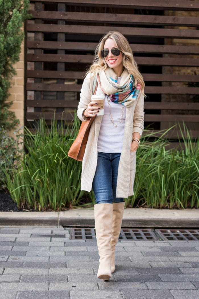 Fall fashion inspiration - knee high boots with jeans and cozy cardigan, plaid scarf, white top #fallfashion #plaid #boots