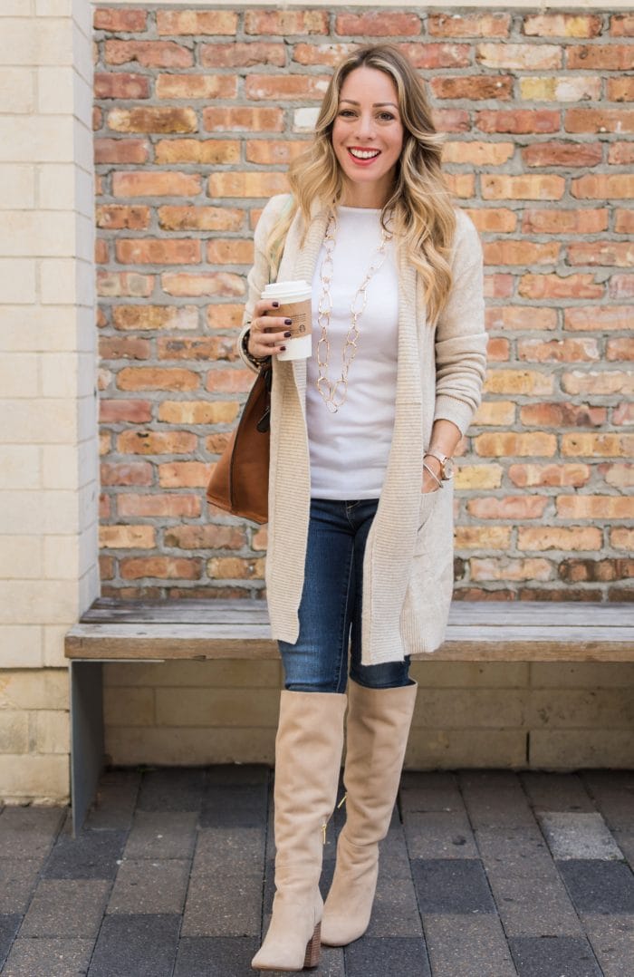 Fall fashion inspiration - knee high boots with jeans and cozy cardigan, plaid scarf, white top 