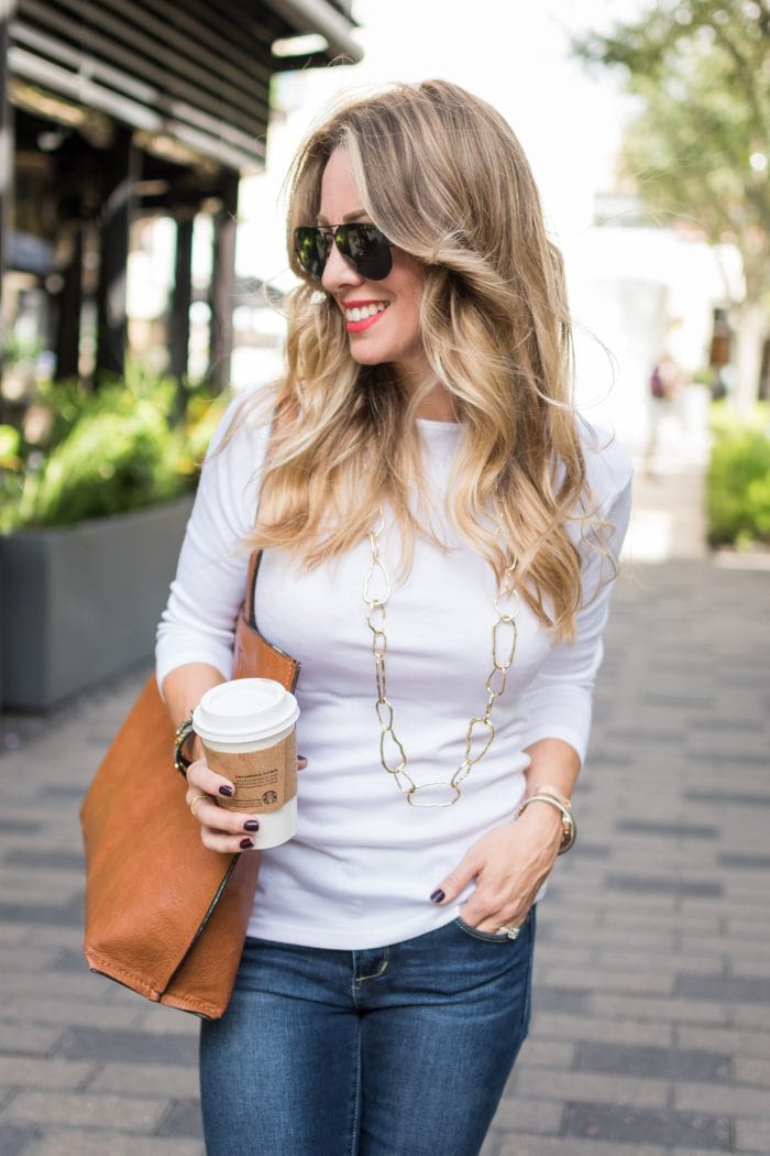Fall fashion inspiration - knee high boots with jeans and white top 