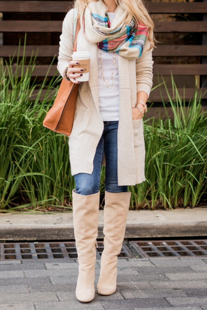 Fall fashion inspiration - knee high boots with jeans and cozy cardigan, plaid scarf, white top #fallfashion #boots #plaid #scarf