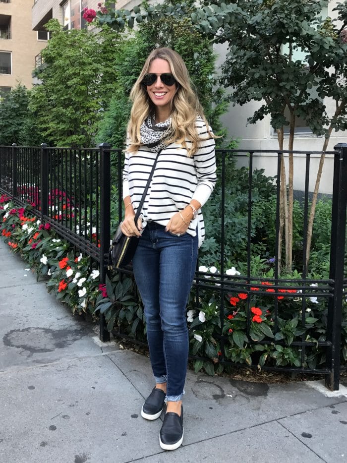 Fall fashion - striped pullover, skinny jeans, slip on sneakers