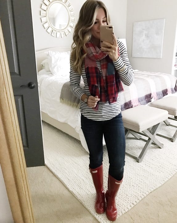 Fall fashion - striped top, plaid scarf, skinny jeans and red Hunter boots