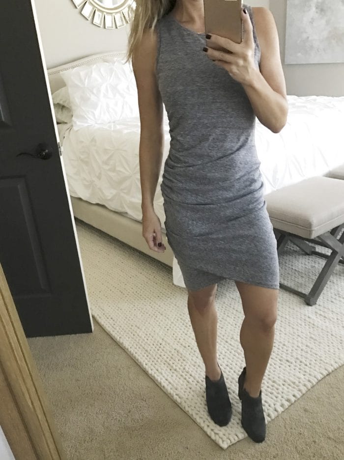 Fall fashion - dressing room try on, ruched tank dress