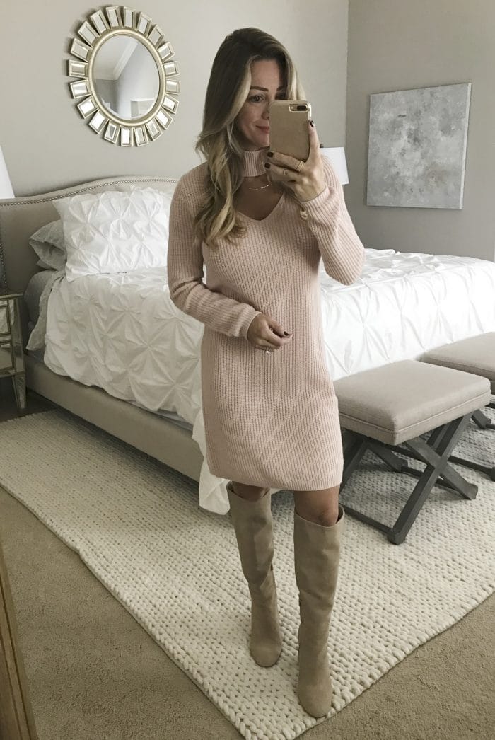 Fall fashion - dressing room try on, blush pink sweater dress with tall boots