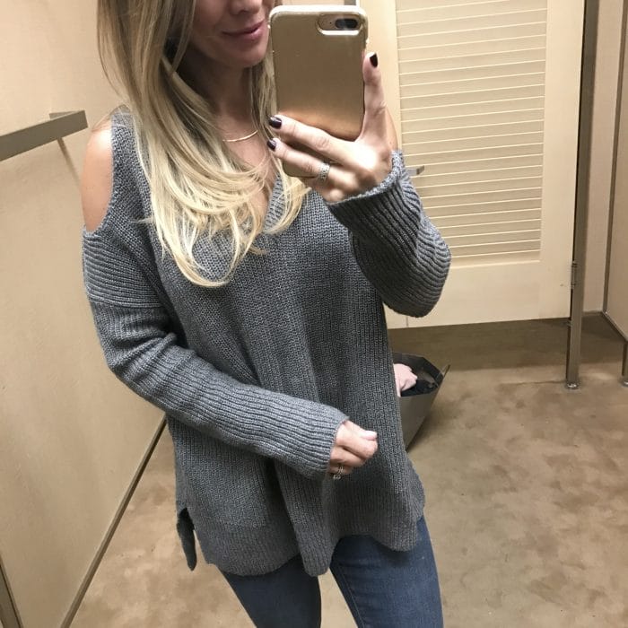 Fall fashion - dressing room try on grey cold shoulder sweater