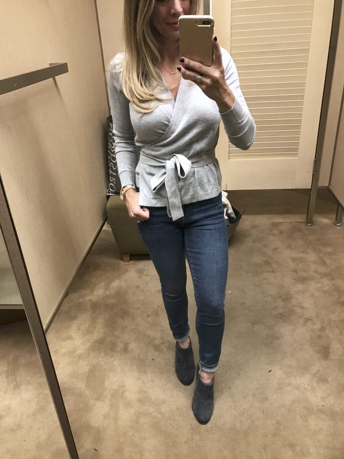 Fall Fashion - dressing room try on - grey wrap sweater