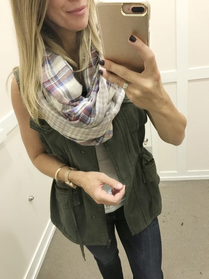 Fall fashion - dressing room try on, military vest and plaid infinity scarf