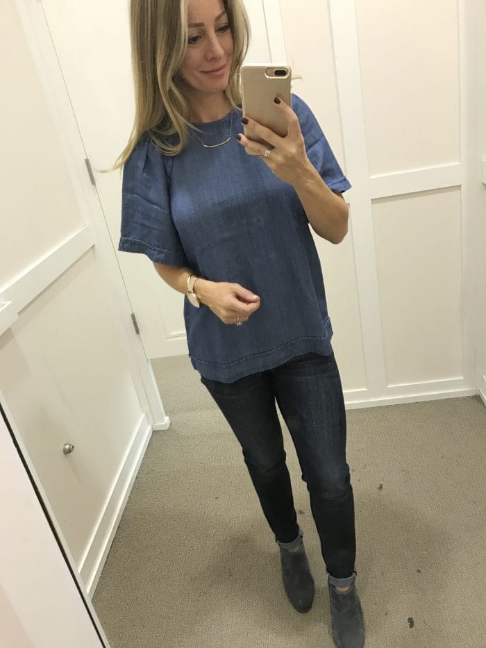 Fall fashion - dressing room try on, chambray top