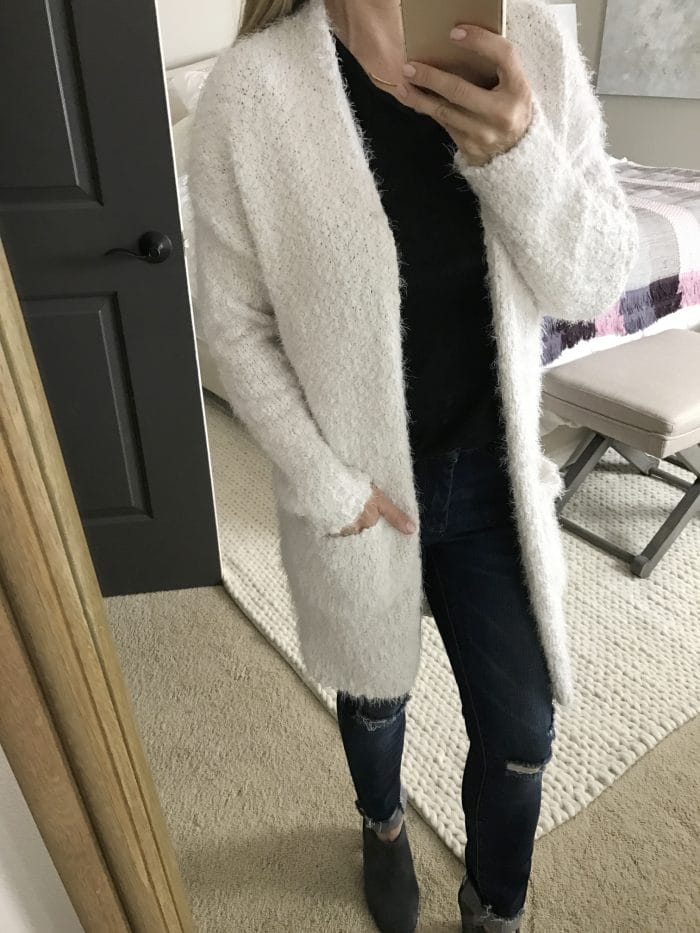 long fuzzy white cardigan with pockets