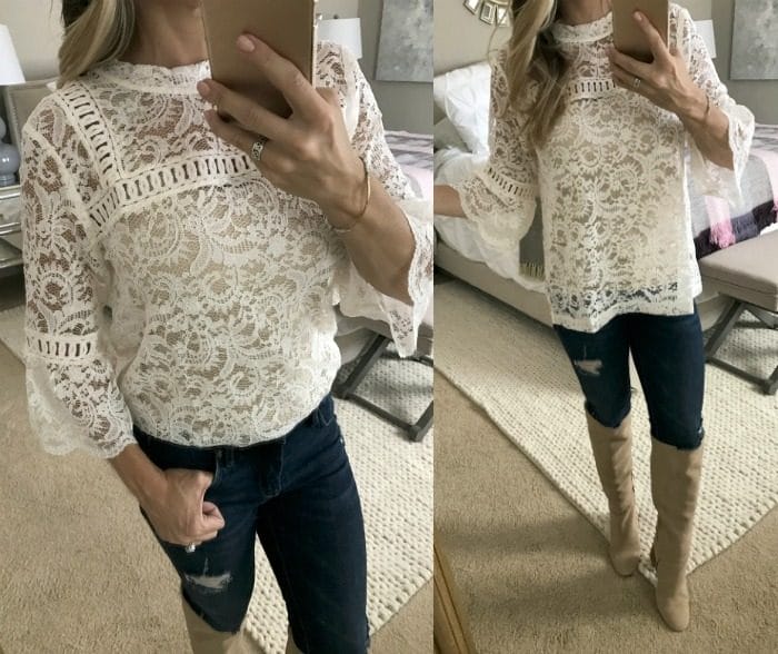 Lace blouse Loft with jeans and knee high boots
