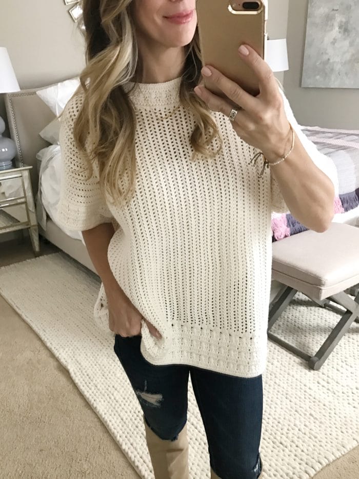 Loft crocheted top with jeans, cute Fall outfit