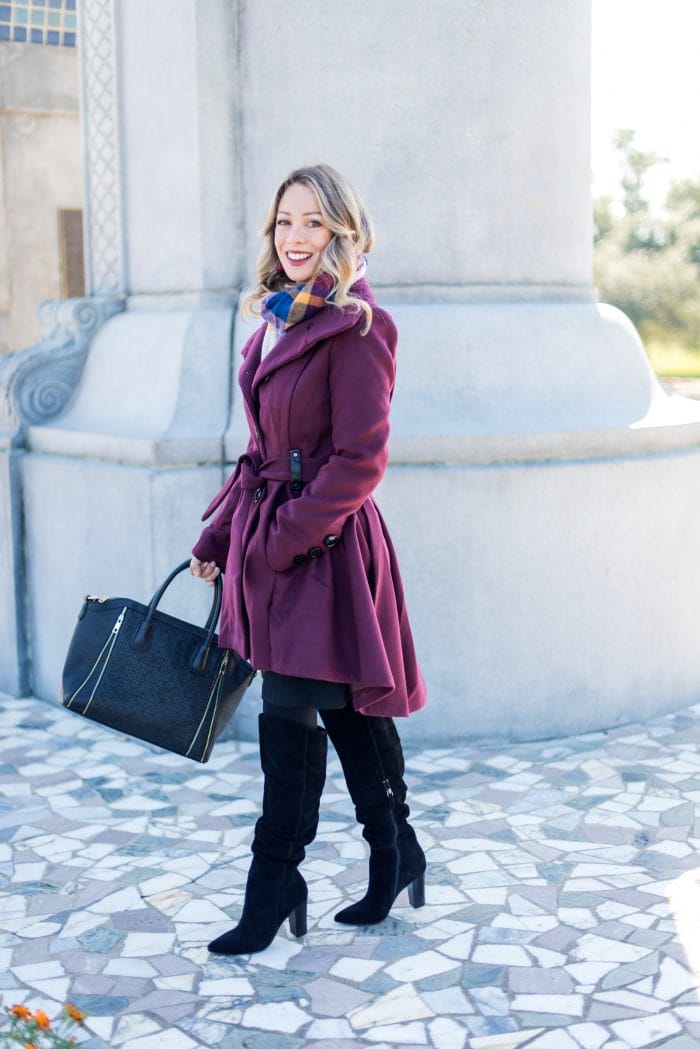 Mod Cloth long burgundy coat and knee boots