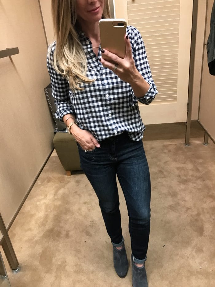 Preppy Fall fashion - gingham button down top with skinny jeans and booties