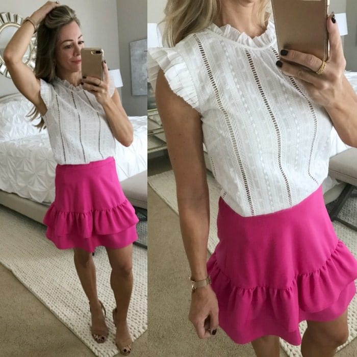 hot pink skirt white top