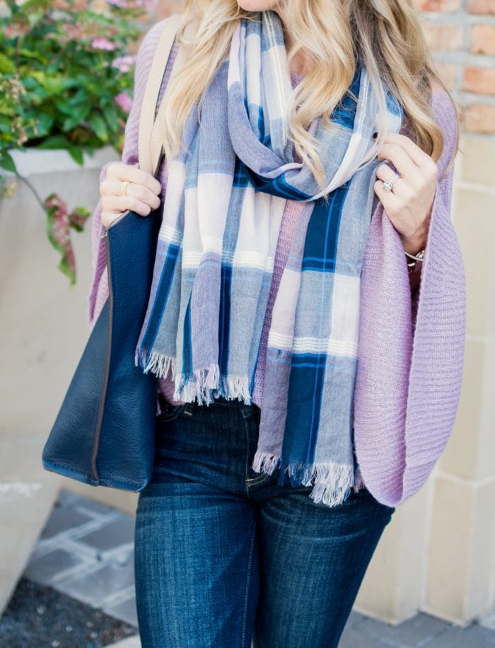 Women's Fall Fashion Favorite A plaid fringe scarf with lilac flared sleeve sweater #ootd #fallfashion