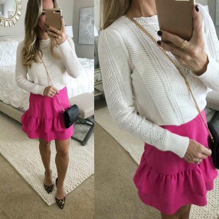 pink skirt white sweater leopard heels