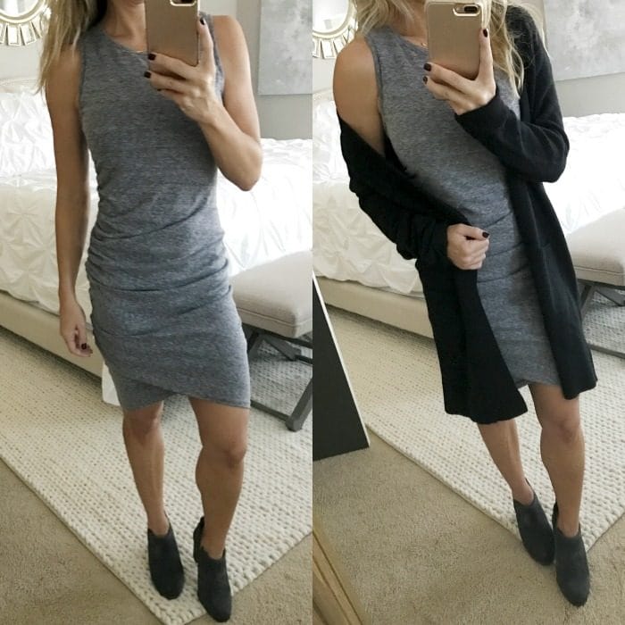 ruched tank dress and cardigan