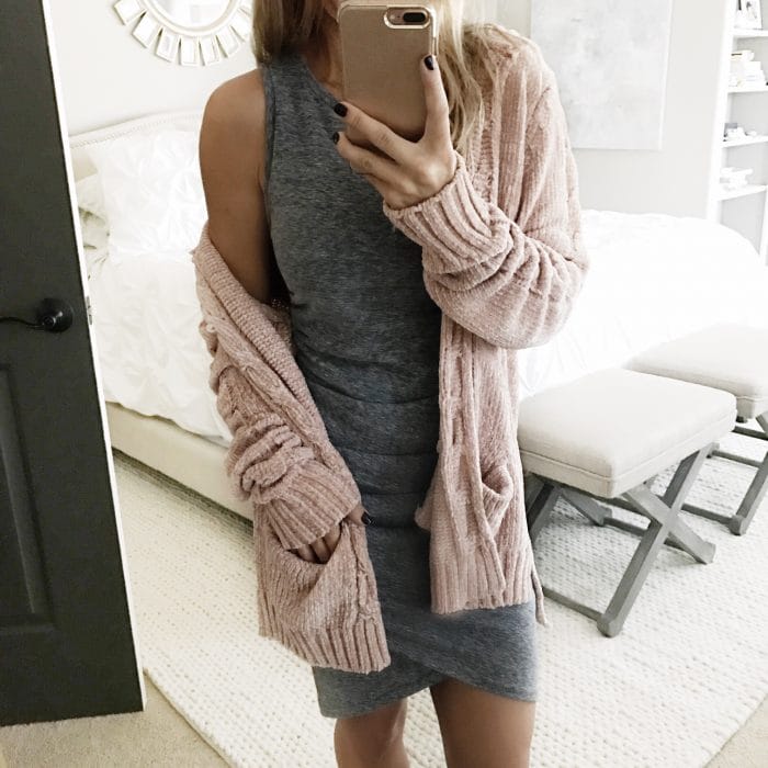 ruched tank dress and pink chenille cardigan