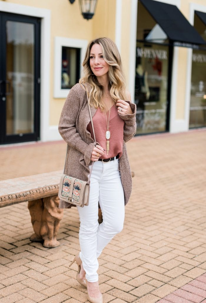 Fall Outfit - white corduroy jeans w ruffled cardigan and camisole #fallfashion