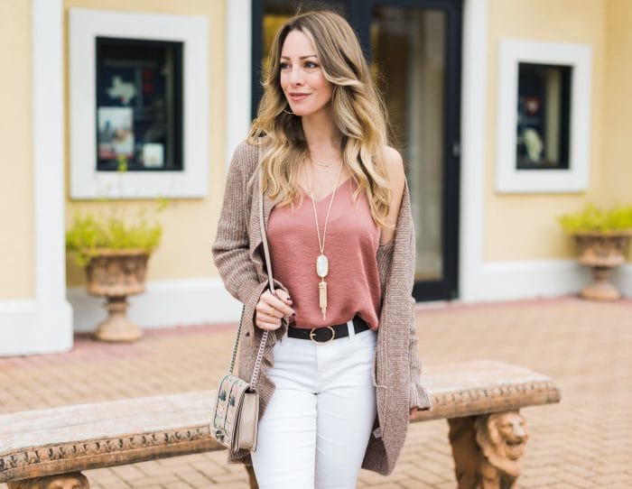 Fall Outfit - white corduroy jeans w ruffled cardigan and camisole #fallfashion