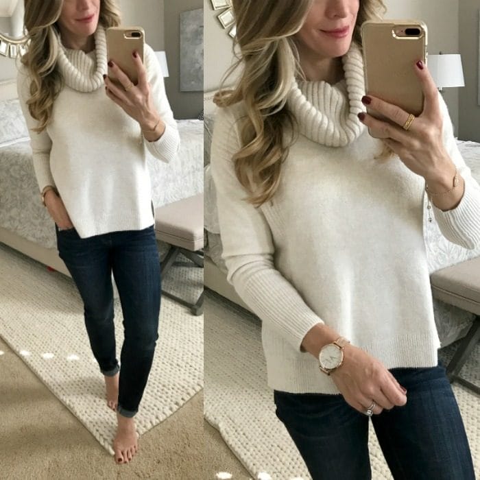 Cream cowl neck sweater and jeans