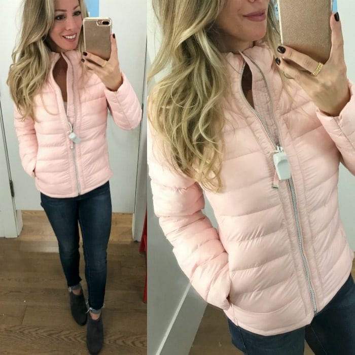 Dressing Room Fit & Review - Pink puffer jacket and jeans #dressingroom #fallfashion