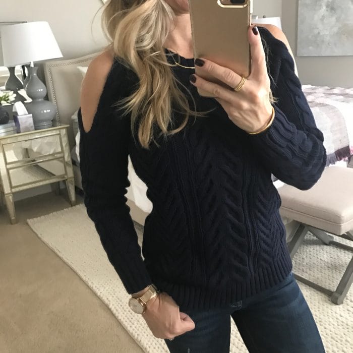 Dressing Room Fit & Review - cold shoulder cable knit sweater #dressingroom #fallfashion