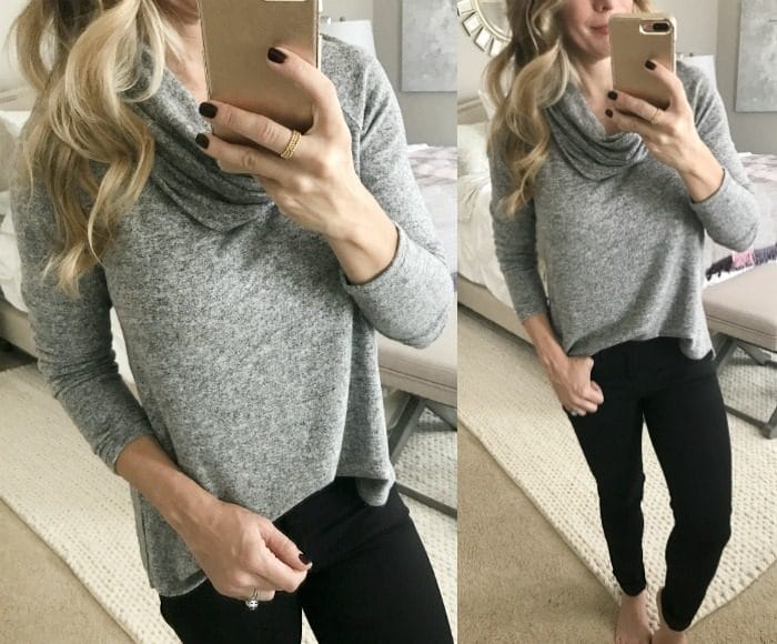 Dressing Room Fit & Review - grey cowl neck tunic and black jeans #dressingroom #fallfashion