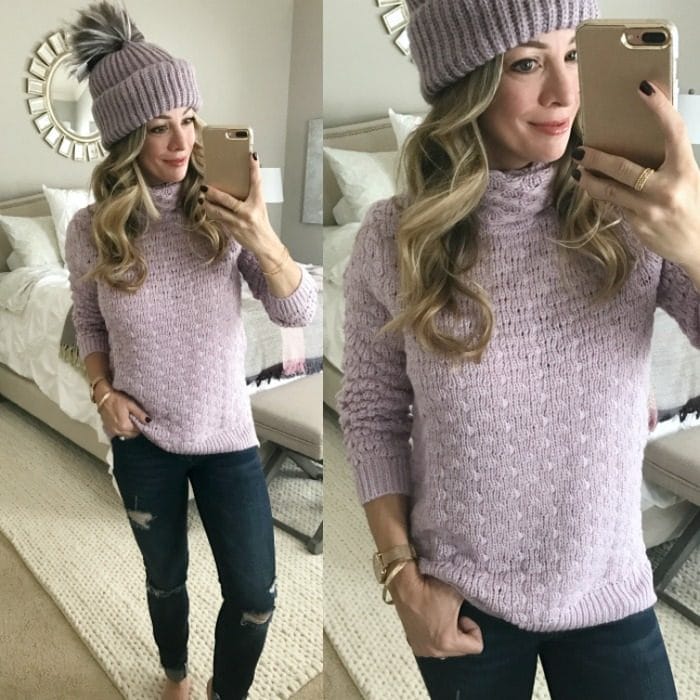 Dressing Room Fit & Review - lilac sweater and hat and ripped jeans #dressingroom #fallfashion