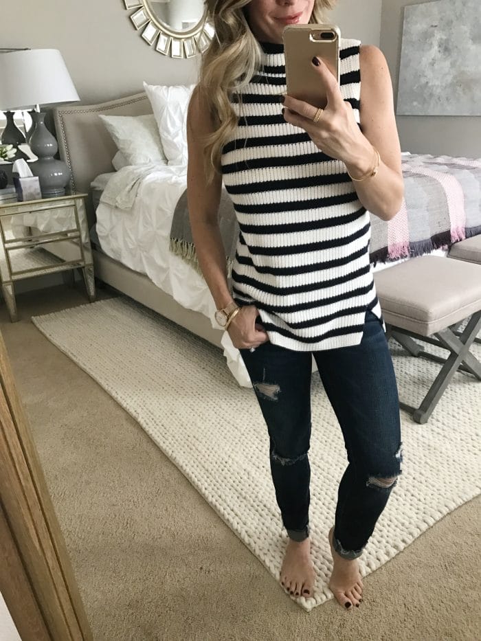 Dressing Room Fit & Review - striped sweater tank and ripped jeans #dressingroom #fallfashion