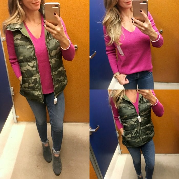 Fall Fashion - old navy camo puffer vest, pink sweater and jeans