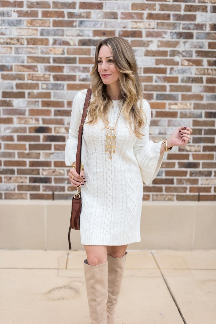 Fall Fashion - white cable knit dress with bell sleeves