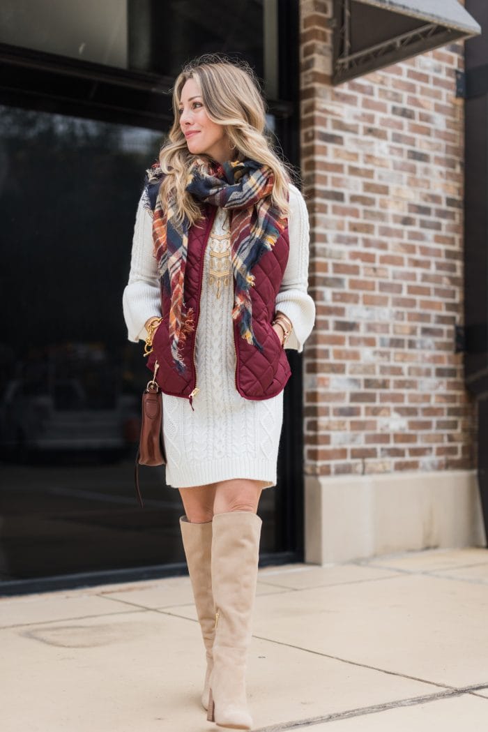 Fall Outfit - white bell sleeve sweater dress with dark red vest and knee high boots #fallfashion