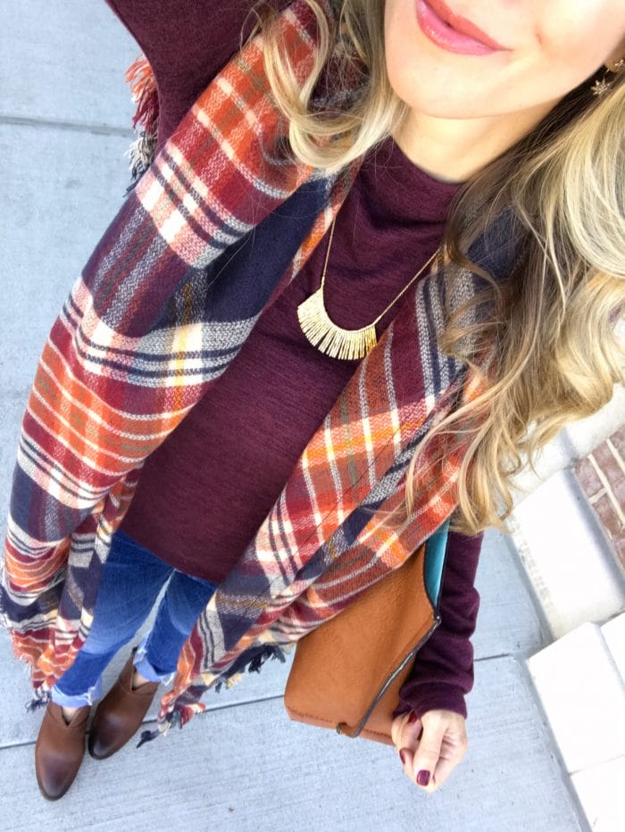 Fall fashion - bell sleeve top with plaid scarf skinny jeans and booties #fallfashion #outfitidea