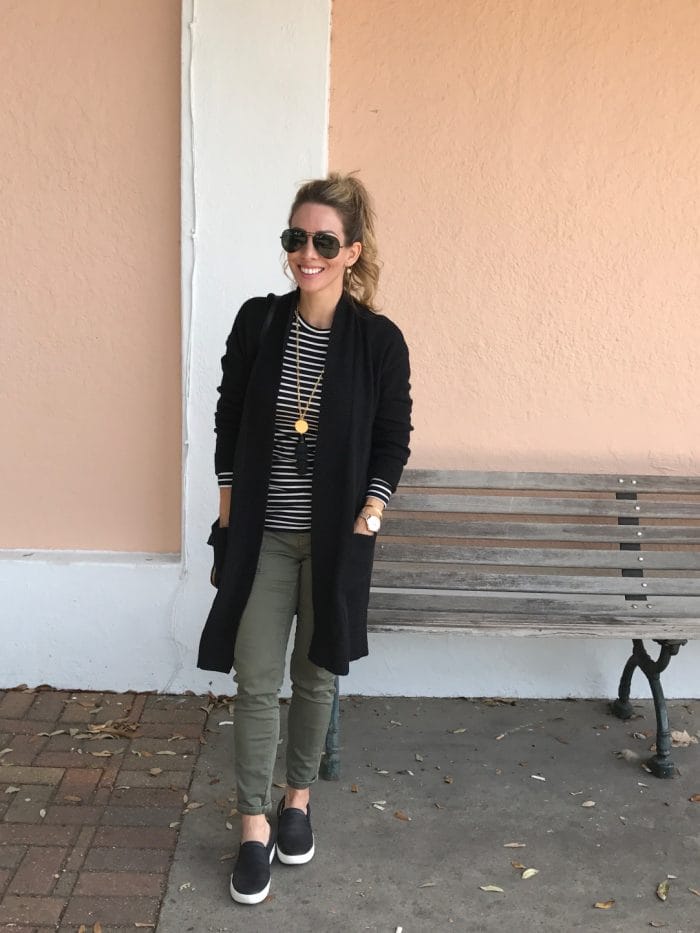 Fall fashion - cardigan with cargo pants and slip on sneakers #fallfashion #outfitidea