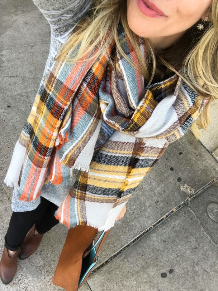 Fall fashion -plaid scarf with black jeans and brown booties #fallfashion #outfitidea