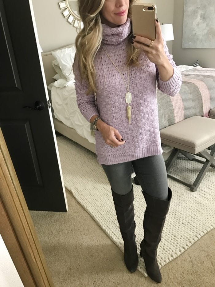 How to wear grey jeans - lilac sweater and grey OTK boots